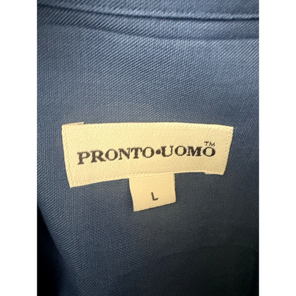 Pronto Uomo Dress Shirt Mens Size L Button up Long Sleeve Solid Blue Classic Fit - Picture 3 of 9